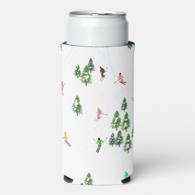 Skiing Illustration Skiers Ski Seltzer Can Cooler (Seltzer Front)