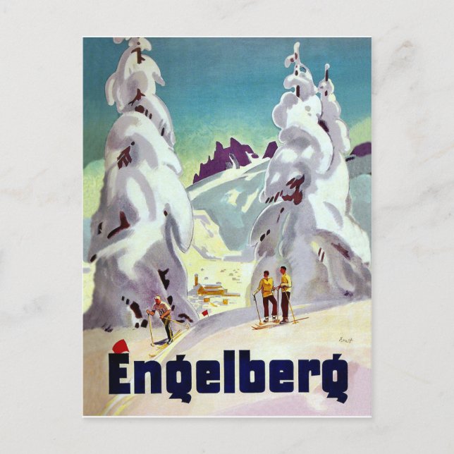 Skiing in Engleberg, Switzerland, vintage travel Postcard (Front)