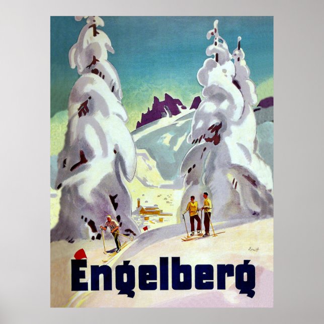 Skiing in Engleberg, Switzerland, vintage travel Poster (Front)