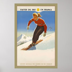 Skiing in France Vintage Ski Poster - Framed Print