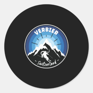 Skiing In Verbier Switzerland Blue Classic Round Sticker