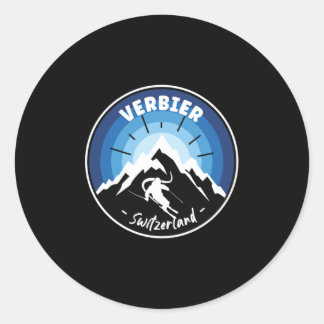 Skiing In Verbier Switzerland Blue Classic Round Sticker