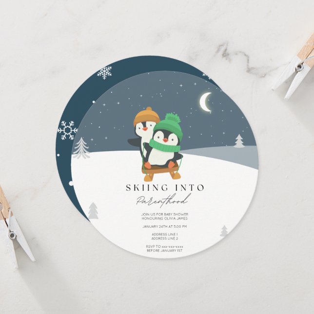 Skiing into parenthood baby shower  invitation (Front/Back In Situ)
