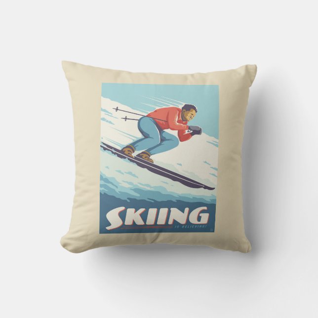 Skiing Is Believing Retro Print Cushion (Front)