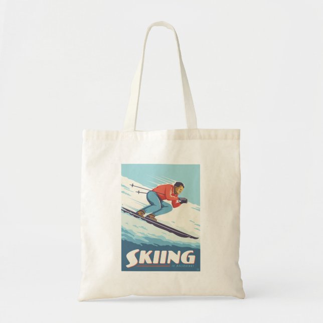 Skiing Is Believing Retro Print Tote Bag (Front)