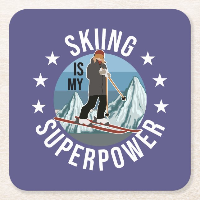 Skiing Is My Superpower Square Paper Coaster (Front)