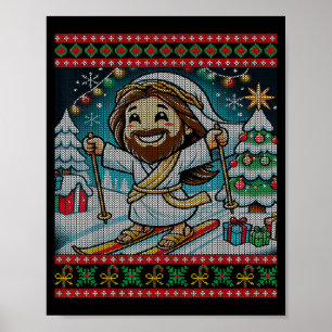 Skiing Jesus Happy Birthday Christian Faith Ugly C Poster