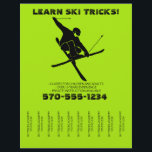 Skiing Lessons Ski Tricks Tear Off Strips Flyer<br><div class="desc">Promote your ski lessons with this eye-catching flyer. It features a bold black silhouette style graphic of a skier performing a ski track and black lettering set against a bright lime green background and is designed with a tear-off stripes style that's perfect for promoting your business on community bulletin boards...</div>