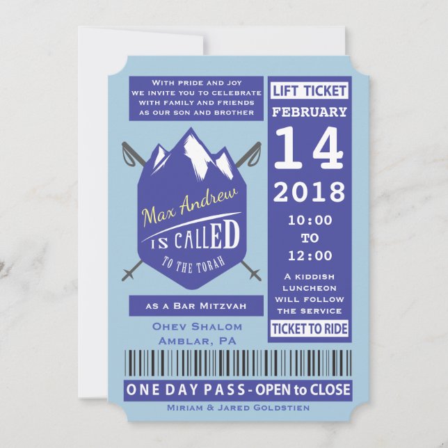 SKIING LIFT TICKET Bar Bat Mitzvah Invitation (Front)