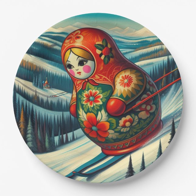 Skiing Matryoshka Doll Winter Snow Paper Plate (Front)