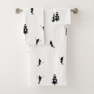 Skiing Modern Black & White Ski Skiers Theme   Bath Towel Set