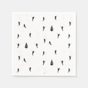 Skiing Modern Black & White Ski Skiers Theme Napkin