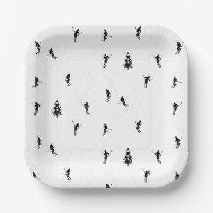 Skiing Modern Black & White Ski Skiers Theme  Paper Plate