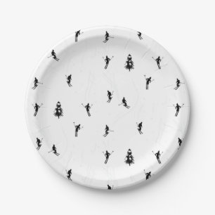 Skiing Modern Black & White Ski Skiers Theme  Paper Plate