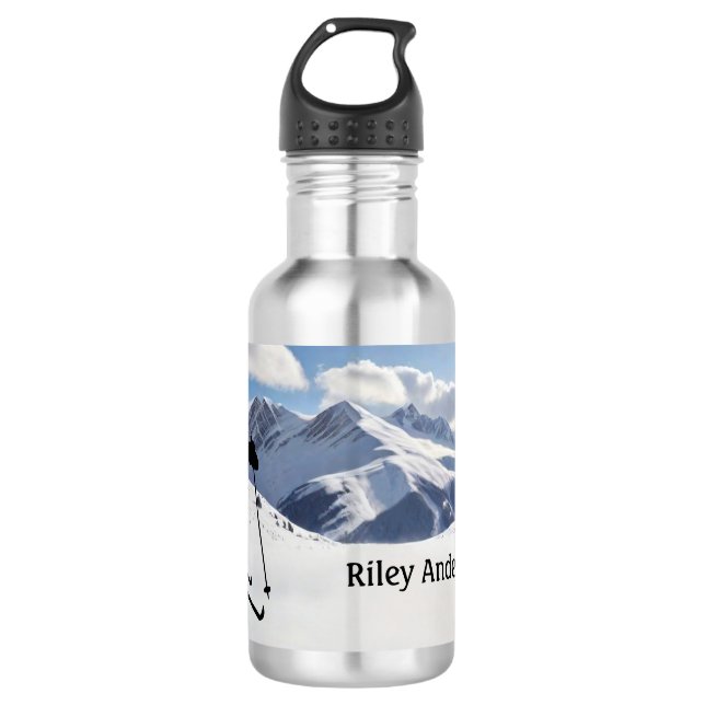 Skiing Mountains and Skier Silhouette personalise 532 Ml Water Bottle (Front)