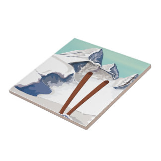 Skiing Mountains travel poster Tile