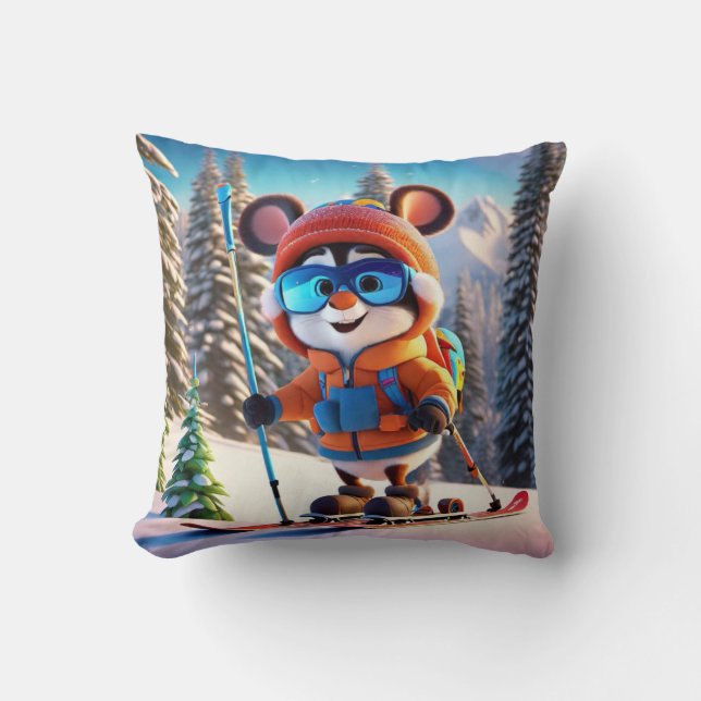 Skiing MouseThrow Pillow (Front)