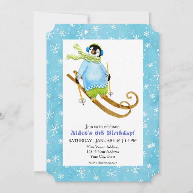 Skiing Penguin Birthday Party Ski Falling Snow Invitation (Front)