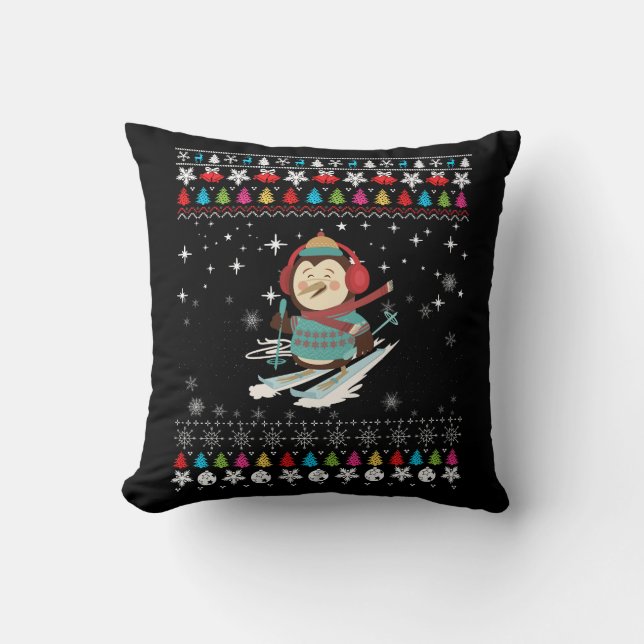 Skiing Penguin Christmas Cushion (Front)