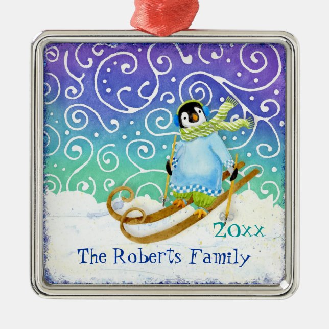 Skiing Penguin Family Christmas Ornament (Front)