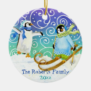 Skiing Penguin Family Custom Christmas Ornament