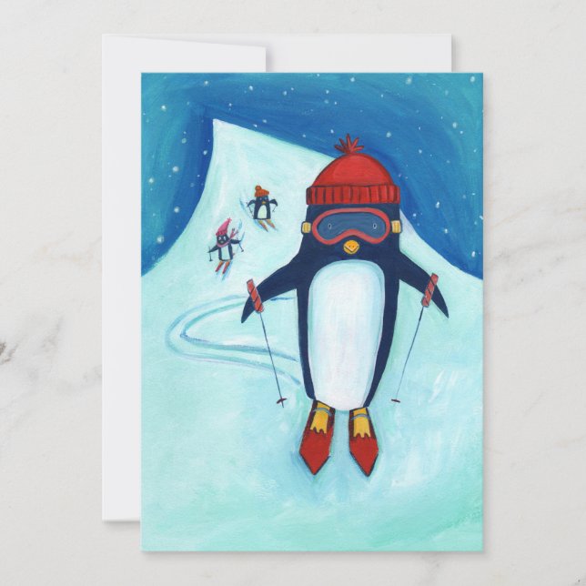 Skiing Penguin Family Holiday Greeting Card (Front)