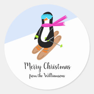 Skiing Penguin Winter Holiday Christmas Gift Classic Round Sticker