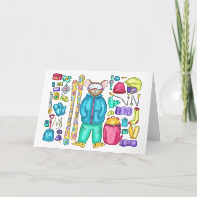 Skiing Pika Gear Spread Watercolor Card (Front)