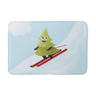 Skiing Pine Tree Cute Snow Sports Winter Bath Mat