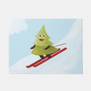 Skiing Pine Tree Cute Snow Sports Winter Doormat