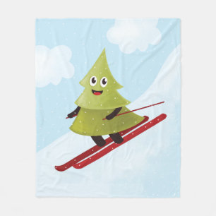 Skiing Pine Tree Cute Snow Sports Winter Fleece Blanket