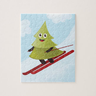 Skiing Pine Tree Cute Snow Sports Winter Jigsaw Puzzle