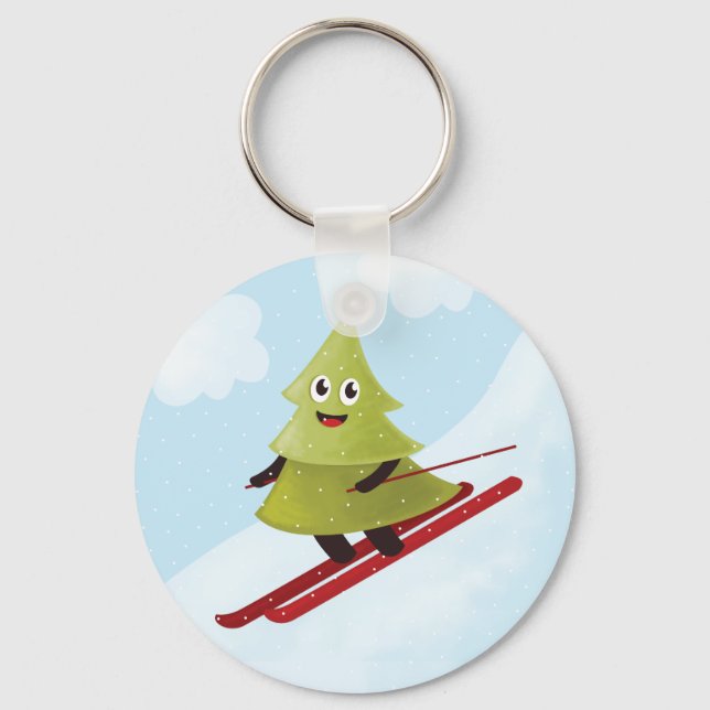Skiing Pine Tree Cute Snow Sports Winter Key Ring (Front)
