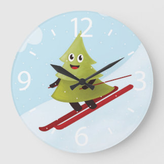 Skiing Pine Tree Cute Snow Sports Winter Large Clock