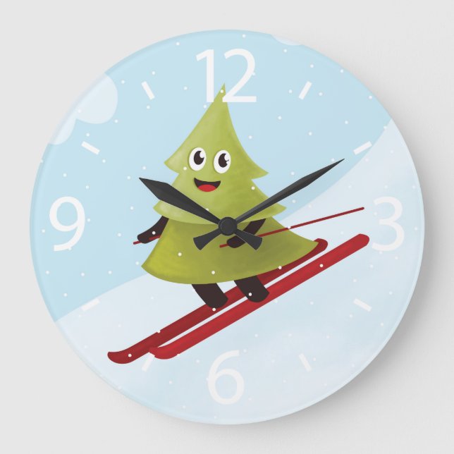 Skiing Pine Tree Cute Snow Sports Winter Large Clock (Front)