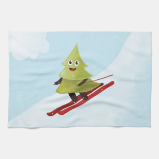 Skiing Pine Tree Cute Snow Sports Winter Tea Towel