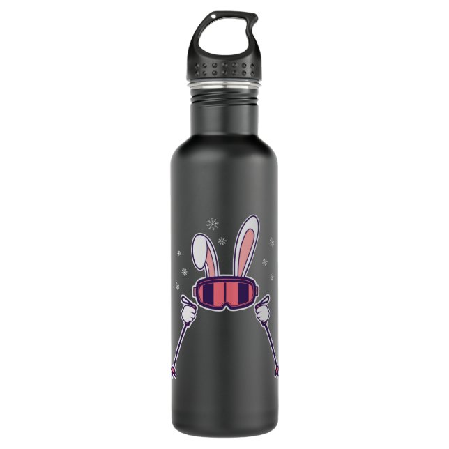 Skiing Rabbit with ski poles and ski goggles 710 Ml Water Bottle (Front)