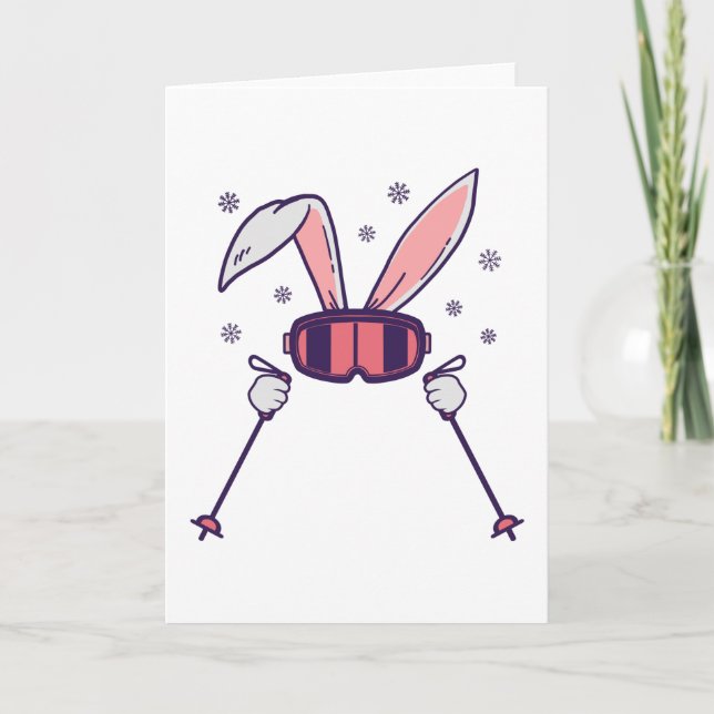 Skiing Rabbit with ski poles and ski goggles Card (Front)