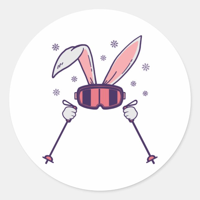 Skiing Rabbit with ski poles and ski goggles Classic Round Sticker (Front)