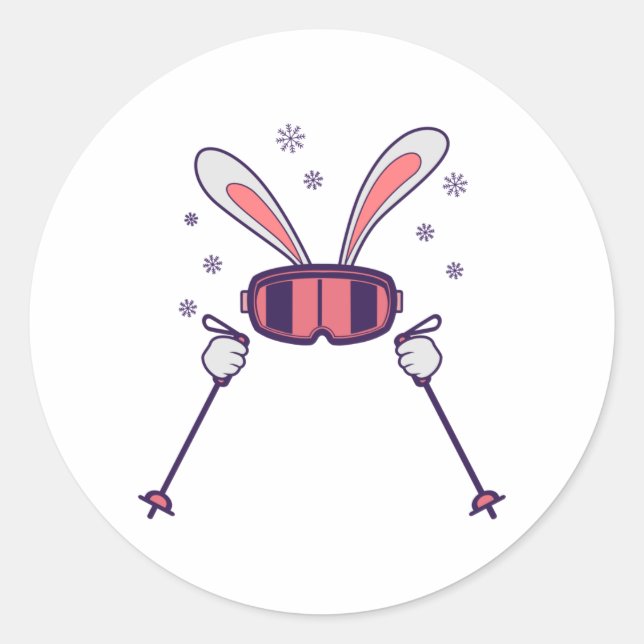Skiing Rabbit with ski poles and ski goggles Classic Round Sticker (Front)
