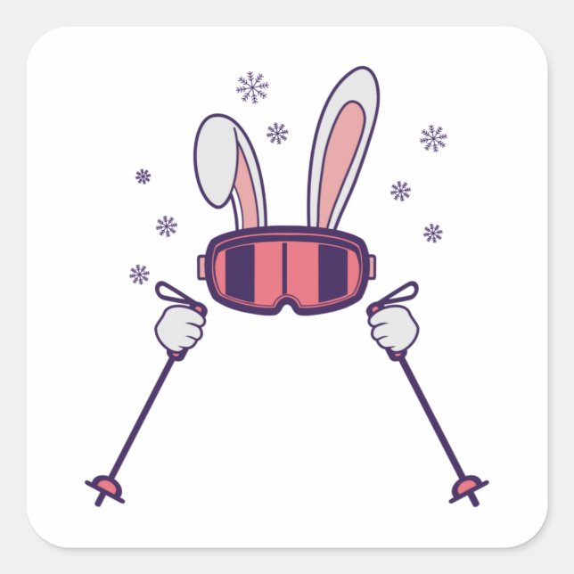 Skiing Rabbit with ski poles and ski goggles Square Sticker (Front)