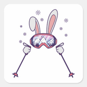 Skiing Rabbit with ski poles and ski goggles Square Sticker