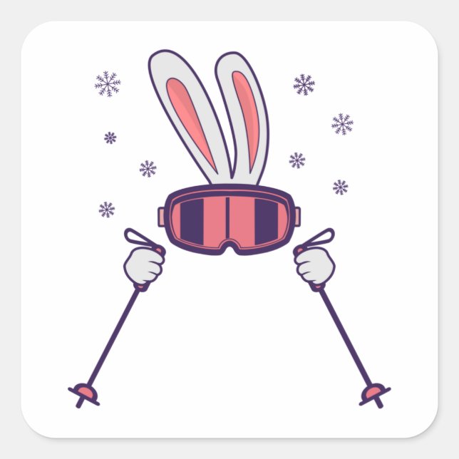 Skiing Rabbit with ski poles and ski goggles Square Sticker (Front)