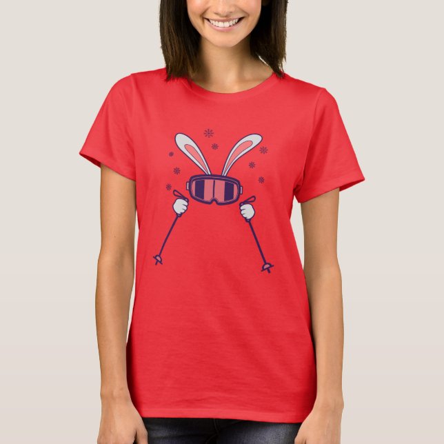Skiing Rabbit with ski poles and ski goggles T-Shirt (Front)