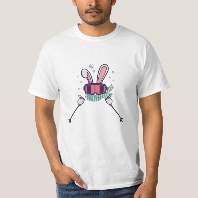 Skiing Rabbit with ski poles and ski goggles T-Shirt (Front)