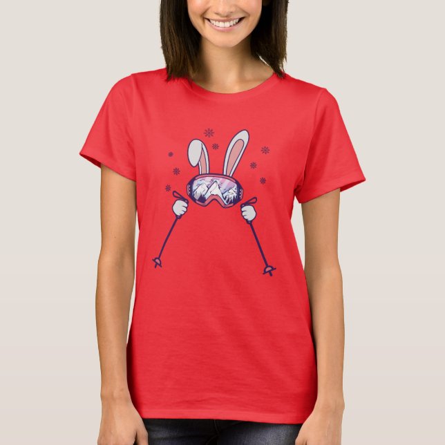 Skiing Rabbit with ski poles and ski goggles T-Shirt (Front)