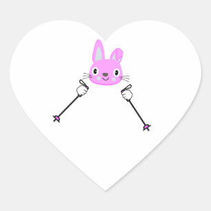 Skiing Rabbit with ski poles Heart Sticker