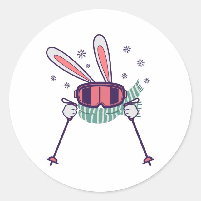 Skiing Rabbit with ski poles ski goggles and scarf Classic Round Sticker (Front)