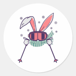Skiing Rabbit with ski poles ski goggles and scarf Classic Round Sticker