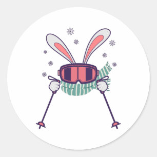 Skiing Rabbit with ski poles ski goggles and scarf Classic Round Sticker